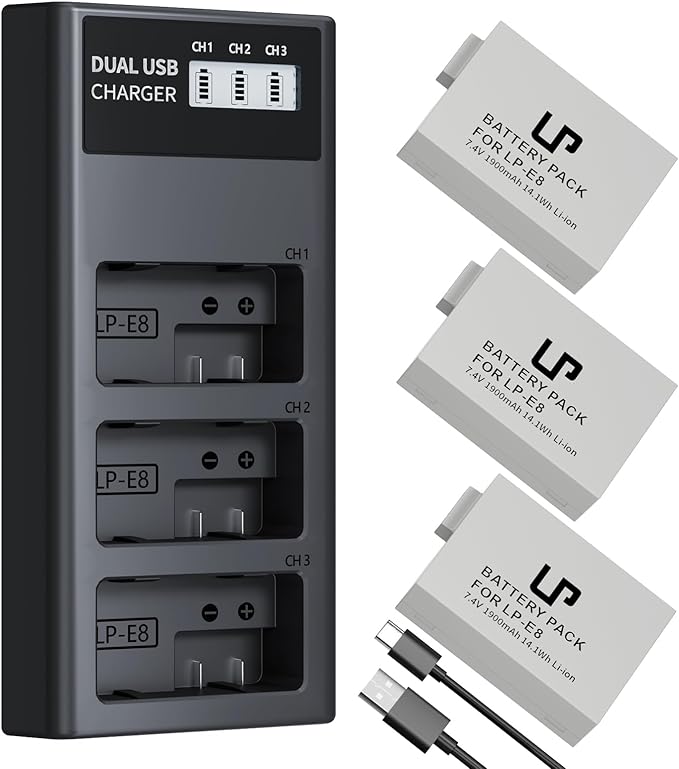 LP-E8 Battery Charger Set, LP 3 Pack LPE8 Replacement Battery & Triple Slot by LP
