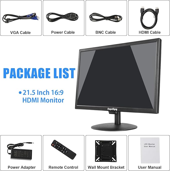 Suprlipy 21.5" FHD Mini LCD Monitor Display Screen 1920x1080 60Hz 16:9 BNC VGA HDMI AV with USB Input Built-in Loudspeaker for CCTV Security Camera DVR PC Game Console