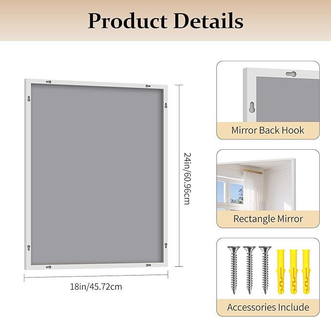 Silver Bathroom Mirror for Wall, 18x24 Inch Rectangle Mirror with Metal Frame, Modern Vanity Mirrors for Bathroom Living Room, Entryway Hangs Horizontal or Vertical