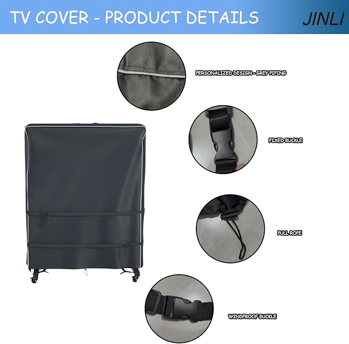 JINLI 60-65 inch outdoor TV trolley cover, courtyard TV cover, Oxford fabric waterproof and dustproof, triple windproof design, compatible with rolling/mobile stand