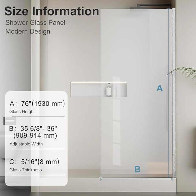 Bathbliss 36" W x 76" H Frameless Shower Glass Panel, 8mm Clear Tempered Glass, Fixed Walk-In Shower Screen, Brushed Nickel Finish, Reversible Installation