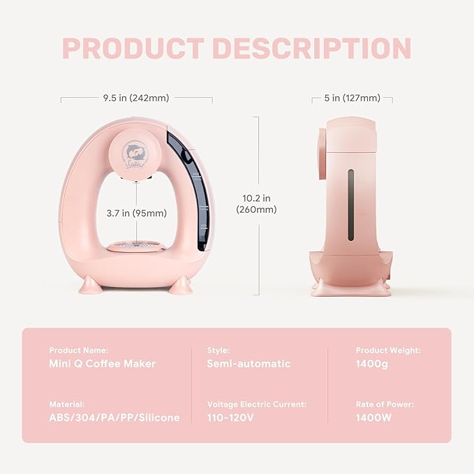 Single Serve Coffee Maker,Fast Brew in 2 minutes,Stylish＆Compact Design,MINI Q 2 IN 1 Coffee Machines for K*cup Capsules & Ground Coffee, Pink Coffee maker