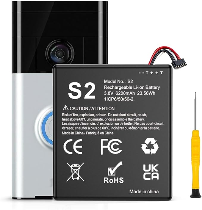 Replacement Battery for S2, 6200mAh Ultra High Capacity Li-ion Battery for Ring by KOOAQQ