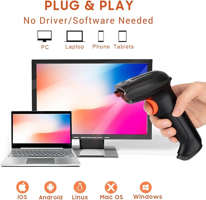 Tera Pro 1D Wireless Barcode Scanner 3 in 1 Bluetooth & 2.4G Wireless & USB Wired CCD Cordless 2500 Pixel Bar Code Reader with Battery Level Indicator for Windows Mac Android iOS Model T5100C,Orange
