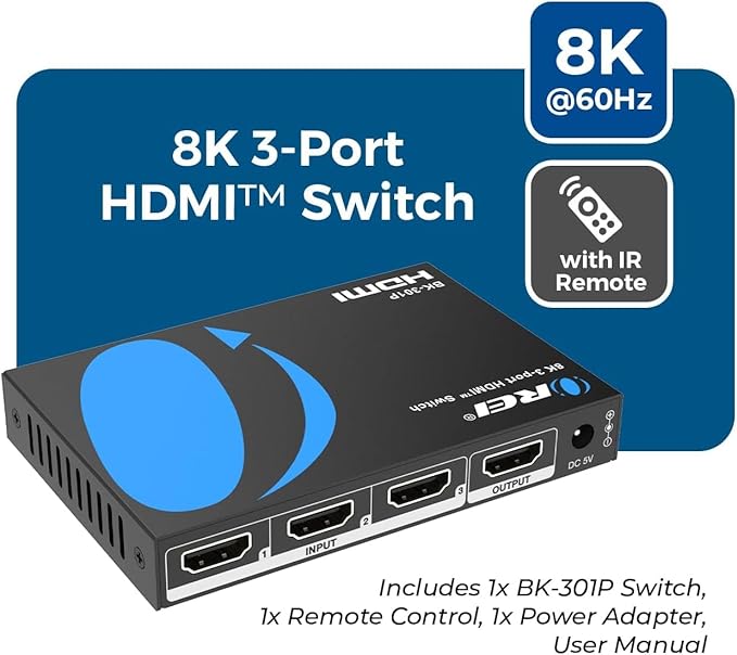 OREI HDMI Switch with Remote – 4K@120Hz 4:4:4 or 8K@60 4:2:0 HDMI Switcher – HDR10+, Dolby Vision, VRR, ALLM, CEC – HDMI Switch Perfect for PS5/Xbox, Blu-ray Players, Fire TV