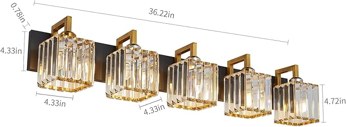FDPBY Modern Bathroom Vanity Light 5-Lights Black Gold Crystal Wall Lamp Bathroom Modern Crystal Vanity Lighting