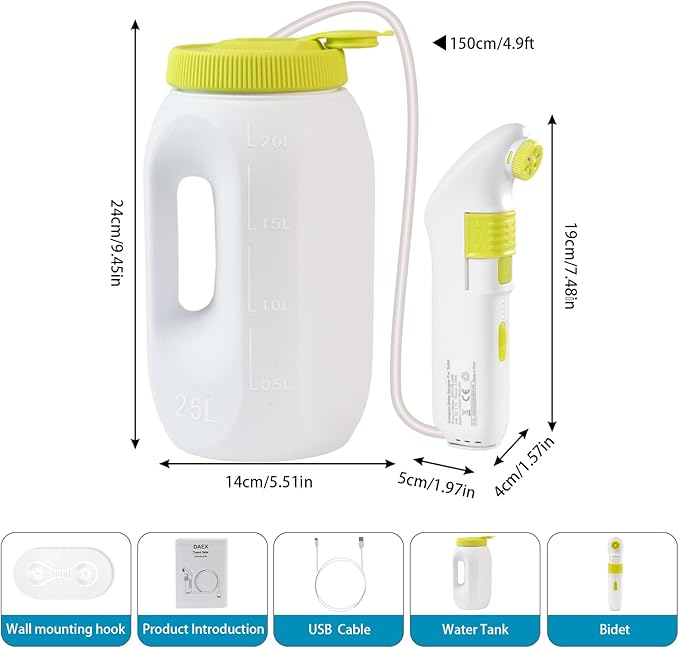 Portable Bidet for Travel，Handheld Electric Bidet Sprayer with 2.5L Water Bottle for Waterproof Handheld Sprayer for Personal Hygiene，1600mAh Battery, 70-Minute Usage, 1300ML/Min Flow, USB-C