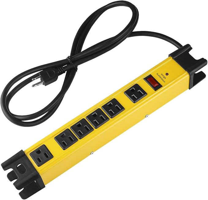 Heavy Duty Power Strip Surge Protector - 6 Outlet Industrial Strip With 15A, 15 FT Cord, 1200 Joules - ETL Listed Yellow Metal for Shop, Workshop, Garden