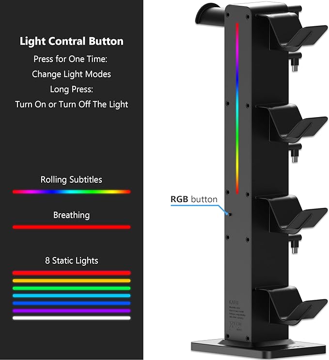 KAFRI RGB Gaming Headphone Stand with 8 Light Modes, Controller Holder for Desk - with Retractable Charger Cable - 2 Outlet Power & 4 Type-C Charging Port for PC Gamer Accessories(Black)