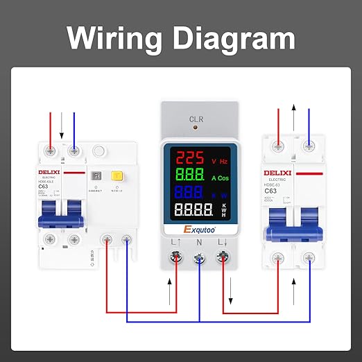 Exqutoo Multi-Function Energy Meter Color Digital Energy Meter - Measurement of AC Volts, Amps, Hertz, Watts, PF and Kilowatt-Hours - GT2P-E, AC 80~270V, 0~100A, 0~25KW, 50/60Hz, Rail-Mounted Meter
