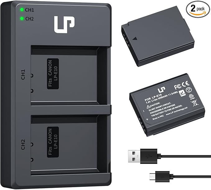 LP LP-E10 Battery Charger Pack, 1600mAh 2-Pack Battery & Dual Slot Charger by LP