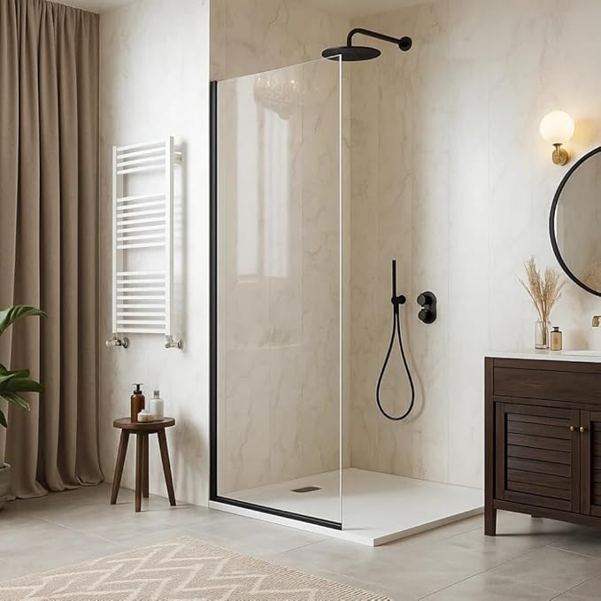 Yana Frameless Shower Door Screen, Fixed Shower Door Panels 3/8" Thick Tempered Glass, Water Repellent, Reversible Shower Wall Panel with Matte Black Finish 24" x 76"