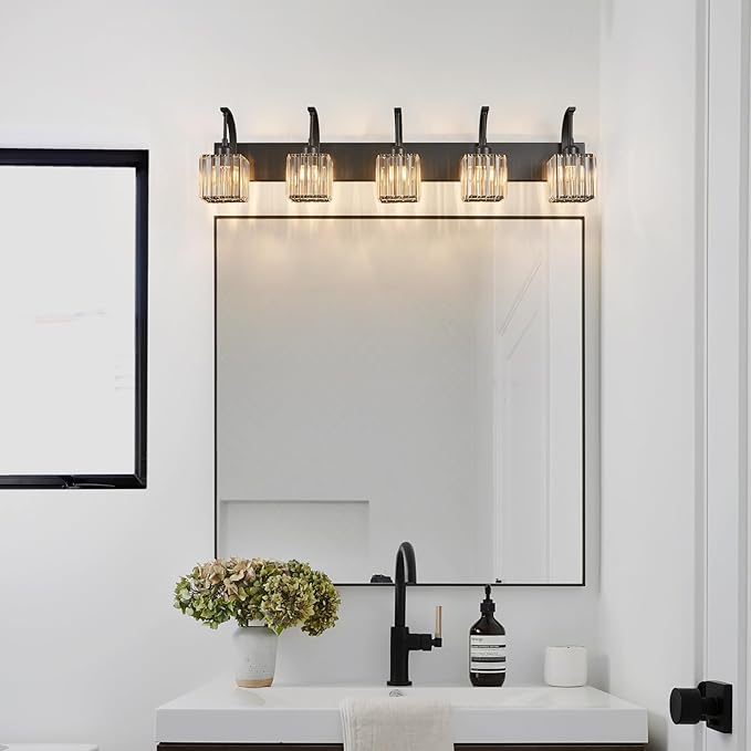 FDPBY 5-Light Crystal Vanity Light, Modern Black Bathroom Wall Sconce with K9 Crystal Shades, 42.51" Long Over Mirror Lighting for Vanity, Makeup, Hallway, Elegant & Easy Installation