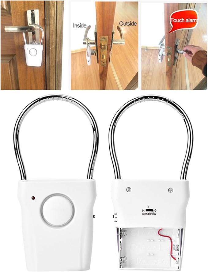 BORDSTRACT Door Handle Alarm, 120dB Vibration and Touching Triggered Portable Door and Window Alarm, for Traveling, Hotel, Apartment, Home Security