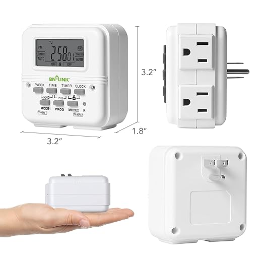 BN-LINK Indoor Digital Light Timer, 7 Day Programmable Plug with 2 Independent 3-Prong Outlets, for Lamps, Fans, 2 On/Off Settings, 1 Pack, 15A/1875W, ETL Listed