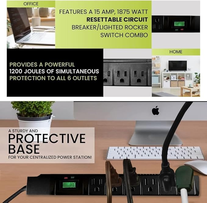 GoGreen Power Inc. (G-16315-15BK-2) 6 Outlet Surge Protector, 15FT Cord, Black, 2 Pack