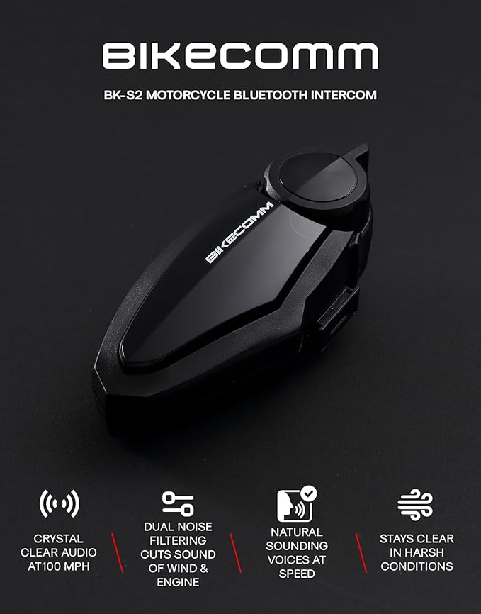 BIKECOMM BK-S2 Motorcycle Bluetooth Headset Intercom – 1200M Range Wireless Speakers - Helmet Communication System, IP67, Carbon
