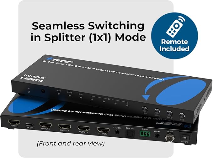 OREI 4K Video Wall Controller for Multi-Screen Display with HDMI and USB-C Inputs, 4K@60Hz Input and 1080p Output, 180° Rotation, RS-232 Control and Optical Audio Output