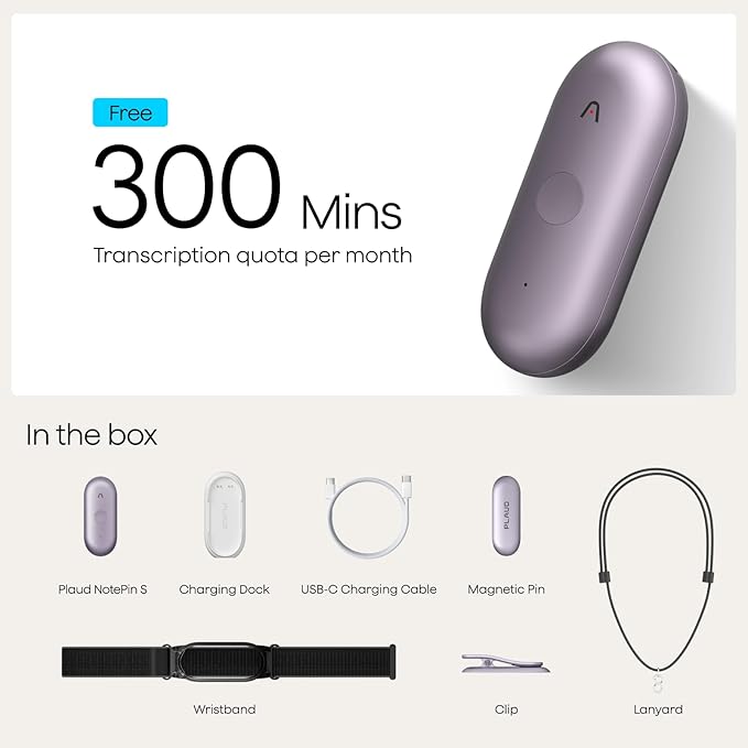 Plaud NotePin S AI Voice Recorder, Wearable AI Notetaker, AI Transcribe & Summarize, Support 112 Languages, 64GB Memory, Audio Recorder for Meetings Interviews with 4 Accessories, Purple