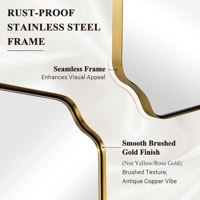 ANDY STAR 18" x 48" Full Length Wall Mirror, Large Brushed Gold Bathroom Mirror for Wall, Scalloped Corner Rectangle Body Mirror for Floor and Leaning