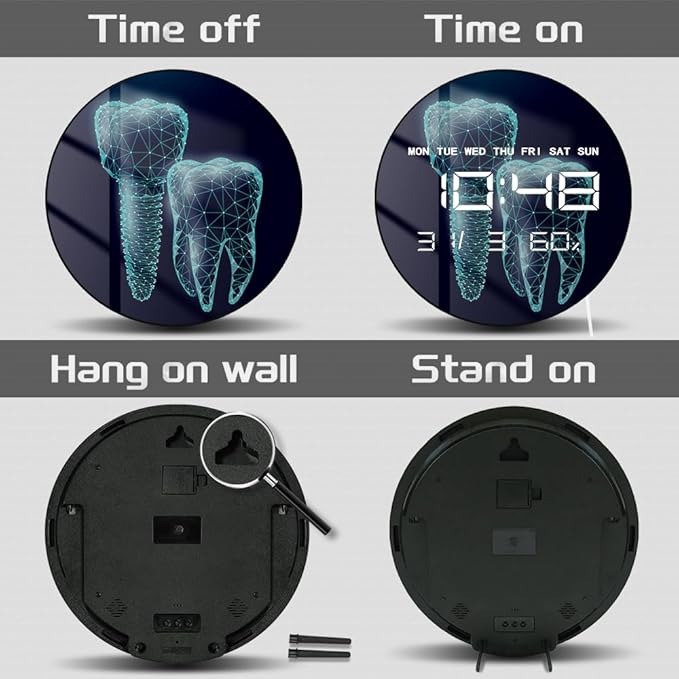 Timethink 12'' Molar Tooth Digital Wall Clock Large Display, Dental Clinic Electric Wall Clock Medical Dentist Clock with Temperature, Automatic Dimming, Date, 12/24hr Format for Dental Office Decor