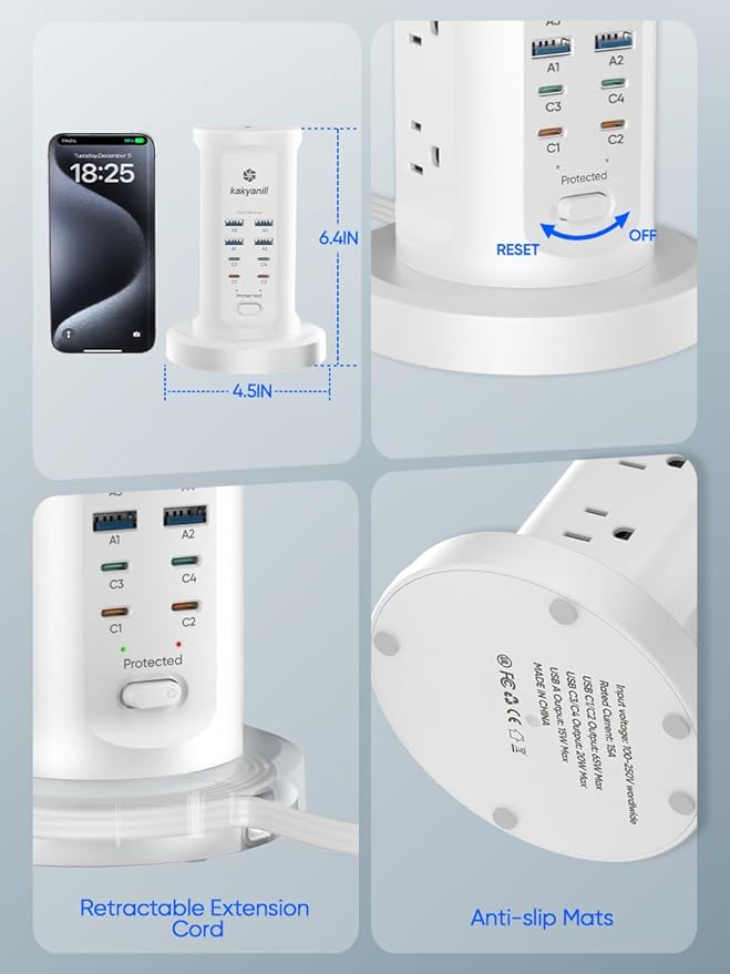 Kakyanill 115W USB Charging Station, Surge Protector Power Strip Tower, 9 AC Outlets with 8 USB Ports(4 USB-C), 6Ft Flat Plug Retractable Extension Cord, for Home Office Dorm, White