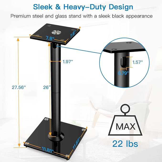PERLESMITH Universal Floor Speaker Stands for Surround Sound up to 22LB, 27.56 Inch Bookshelf Speaker Stand for Klipsch, Polk, Yamaha & Other Large Satellite, Bookshelf Speakers, Studio Monitors,1 P