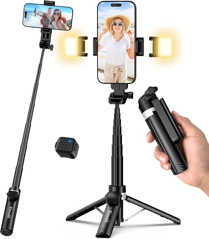 Kinwald 3-in-1 Phone Tripod with LED Lights & Remote, Extendable Selfie Stick Tripod Stand, Compact Portable with Bluetooth Remote for iPhone/Android Vlogging & Photography (Black)