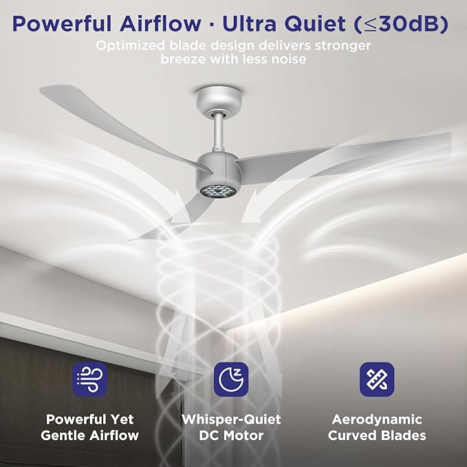 ocioc Ceiling Fans with Lights,52 Inch Low Profile Ceiling Fan with Remote,Quiet Reversible DC Motor,Dimmable LED,6 Speeds,Modern Ceiling Fan for Bedroom,Living Room(Silver)
