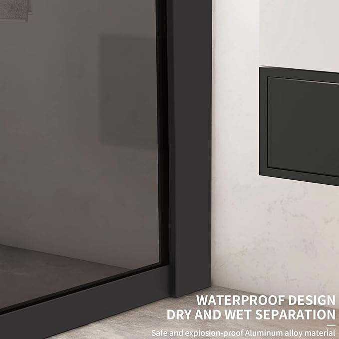 Bathroom Shower Door Screen, 34 in. W x 74 in. H Single Panel Frameless Shower Screen with Tempered Glass, for Bathroom and Bathtub, Smoked Gray Shower Door Screen with Matte Black Rods
