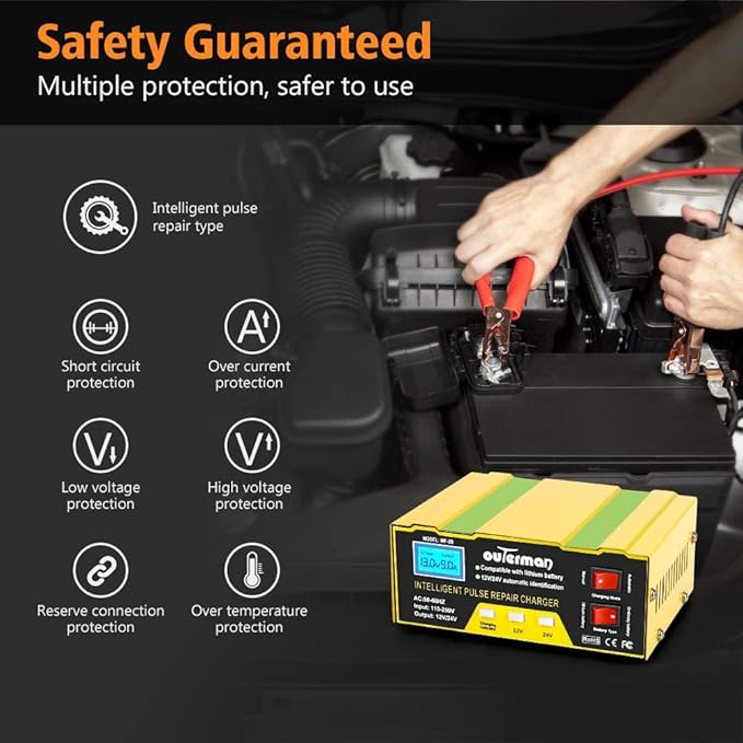 Outerman Car Battery Charger 12V 24V Lithium Battery Charger, Auto Battery Charger Maintainer for Car Boat Motorcycle Lawn Mower Lead Acid Battery or Lithium Battery Capacity: 6AH~105AH