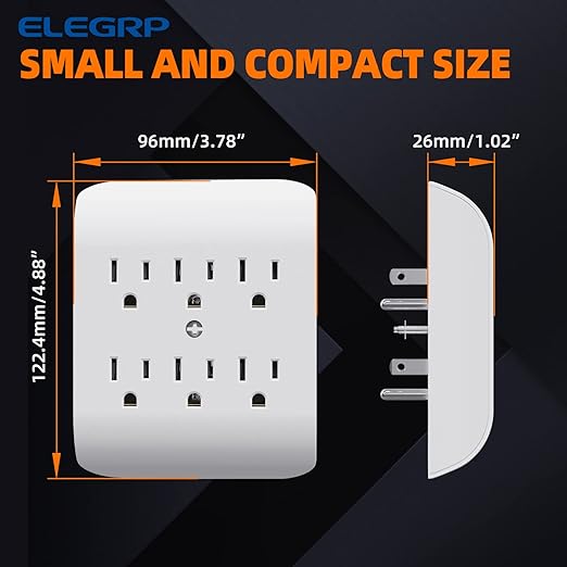 ELEGRP 6-Outlet Extender with Central Anchor, 3-Prong Grounded Wall Tab, Multiple Outlet Extender with 6 Electrical Outlets, ETL Listed, 3 Packs, White