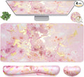 4-in-1 Large Gaming Mouse Pad, Keyboard Wrist Rest Pad & Wrist Support Mousepad Set, Extended Desk Pad Waterproof Desk Mat for Home Office Study Game-Pink Gold Marble