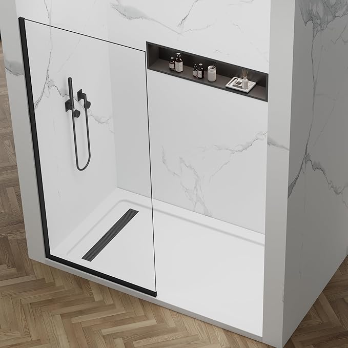 Shower Glass Wall Panel 36" W x 76" H, 3/8" (10mm) Tempered Glass, Half Frameless Fixed Shower Screen, Single Panel with Double-Sided Easy-Clean Coating - Matte Black