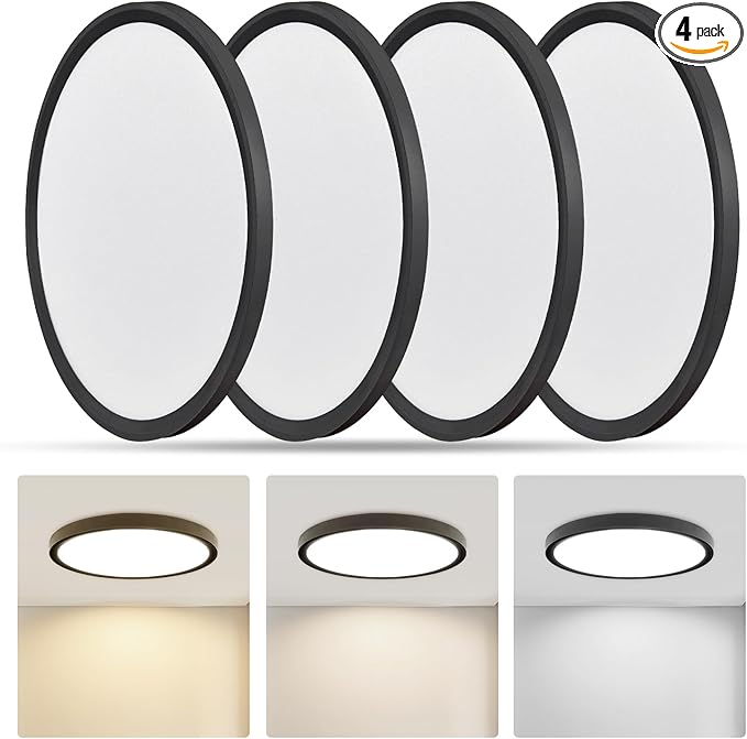 RLEDPZTX Led Flush Mount Ceiling Light,9 Inch 18w 1860lm,3000k/4000k/6000k 3CCT Selectable, Round Modern Flat Panel Super Slim Led Ceiling Light,for Living Dining Kitchen Bedroom Room (4Pack-Black)