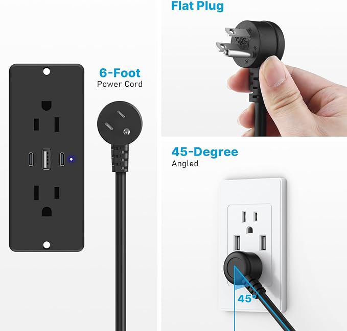 CCCEI Recessed Power Strip with Outlet and USB C Ports, Furniture Flush Mount Power Strip, Small Desk Hidden Outlet for Conference Table, Nightstand, Black, 10FT.