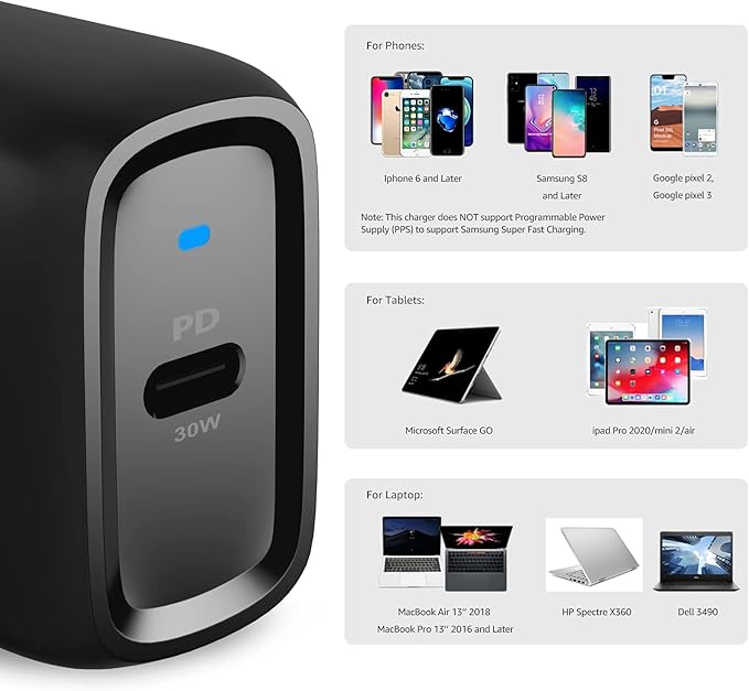 Amazon Basics 30W One-Port GaN USB-C Wall Charger with Power Delivery PD for Tablets & Phones (iPhone 16/15/14/13/12/11/X, iPad, Samsung, and More), Non-PPS, Black