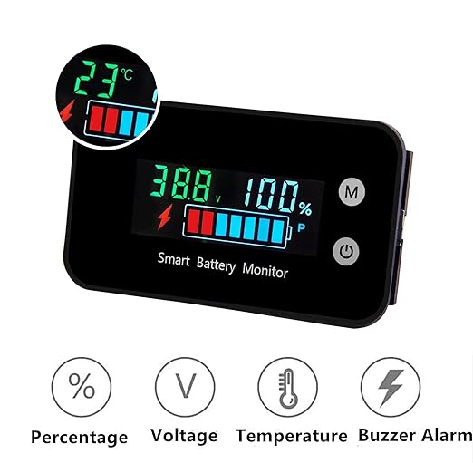 IPX7 Waterproof Battery Monitor12v 24v 36v 48v 60v 72v,Car Motorcycle Golf cart Battery Meter Digital Capacity Remaining Capacity Percentage Tester with Buzzer Alarm and Temperature