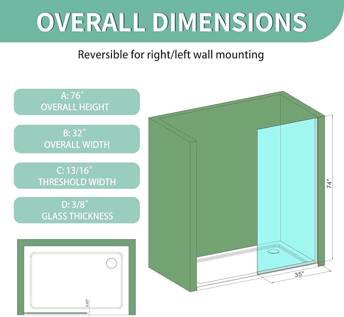 35"x74" Semi-Framed Shower Screen, Single Fixed Shower Glass Panel for Bathroom, 3/8" Tempered Glass with Dual-Sided Nano Coating, Reversible Install, Matte Black