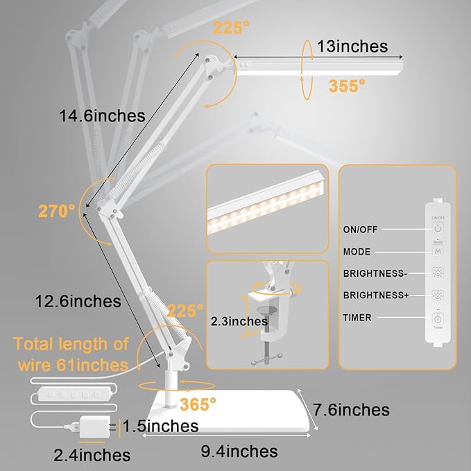 TROPICALTREE Swing Arm Desk Lamp with Base, 80 LED Beads, 5 Color Modes & 11 Brightness Levels, 360° Adjustable Arm, Eye-Caring Light CRI95, Timer & Memory Function, for Office, Study, Crafting