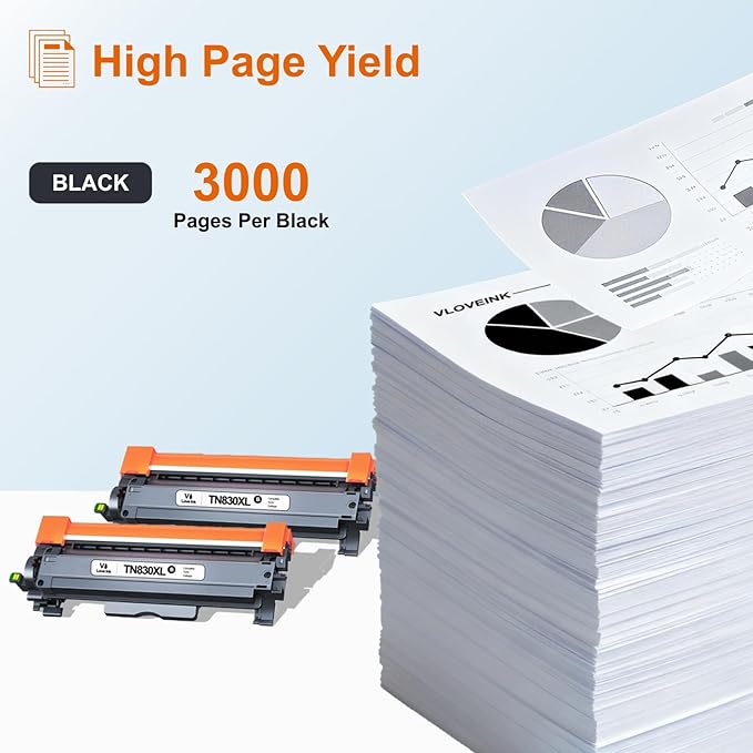 VLOVEINK Compatible TN830XL Toner Cartridge Replacement for Brother TN830XL TN830 XL 830 Toner Work with Brother Printer HL-L2460DW DCP-L2640DW HL-L2405W MFC-L2820DW HL-L2400D (2 Pack, Black)