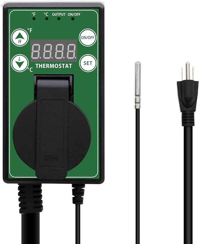 COOS BAY Digital Thermostat Controller -4 to 108°F, Temperature Control for Greenhouse Heater, Heat Mat, Grow Tent, Garage, Reptile Enclosure, Homebrew, Seedling, 15A/1500W, Green, 1 Pack