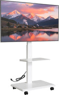 ECOTINY Steel Base Rolling TV stand with Power Outlet for 32-75 inch TVs up to 110 lbs, Leveling & Tilt & Swivel Mobile TV Stand with Hidden Wire Management, Height Adjustable Portable TV Stand, White