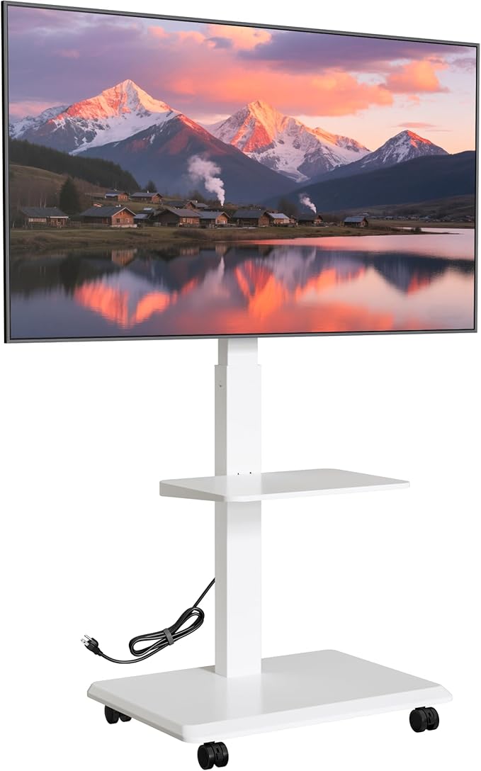ECOTINY Steel Base Rolling TV stand with Power Outlet for 32-75 inch TVs up to 110 lbs, Leveling & Tilt & Swivel Mobile TV Stand with Hidden Wire Management, Height Adjustable Portable TV Stand, White