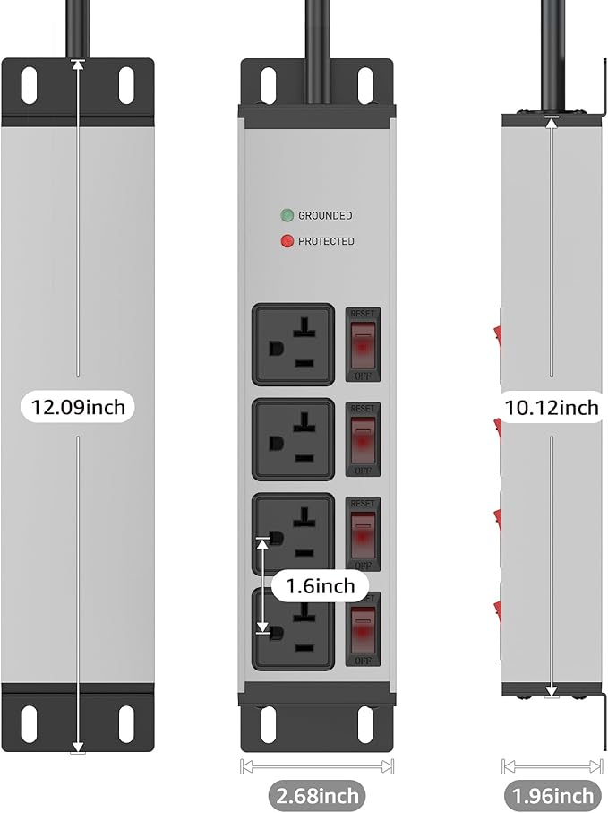 CCCEI Heavy Duty Surge Protector Power Strip 20 Amp Individual Switches. 6FT 12 Gauge Extension Cord with Multiple Outlets. Kitchen, Garage, Shop, Industrial Wall Mount Electric Extender, Grey.