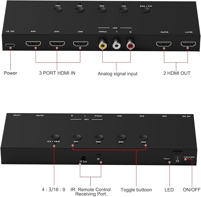 Dingsun 3 Way HDMI 2.0+ RCA to 2 Way HDMI Converter for Fire Stick，ROKU, N64, NGC, Wii, PS2/3/4/5, Xbox Series, Xbox ONE, Switch ect.(4In to 2Out)