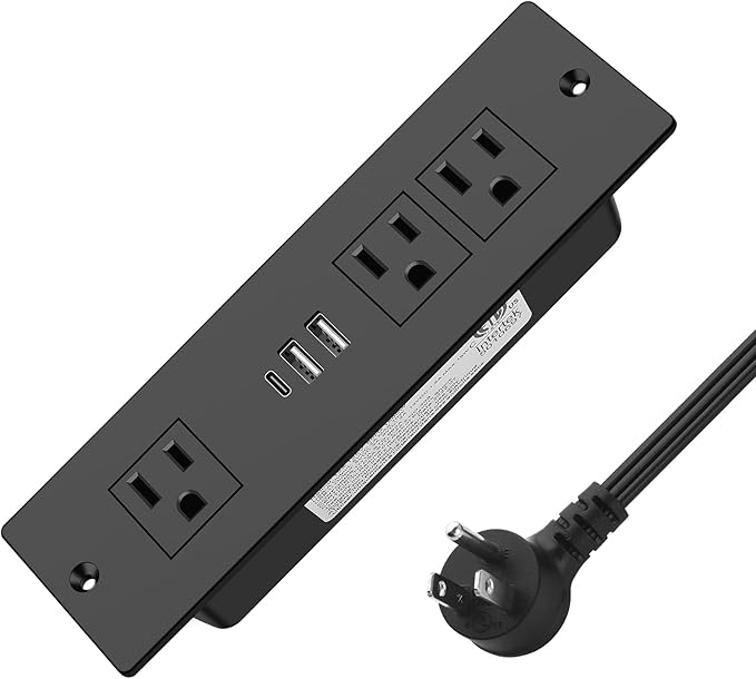 Recessed Power Strip, Furniture Plug in 3 Outlets & Fast Charging 20W PD USB-C Port & 18W/3A QC3.0 USB-A Ports Drawer Outlet with 10 FT Flat Extension Cord, Desk Grommet Outlet for Table Top Black