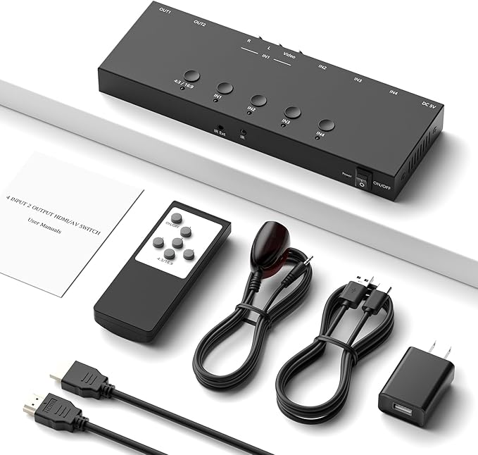 4 in 2 Out RCA/HDMI Switcher，3 Way HDMI 2.0 + 1 RCA Converter，4:3/16:9 & 2 Ports HDMI Output Support 4K and 3D for PS1/2/3/4/5, N64, SNES, Switch, DVD, Roku, etc.