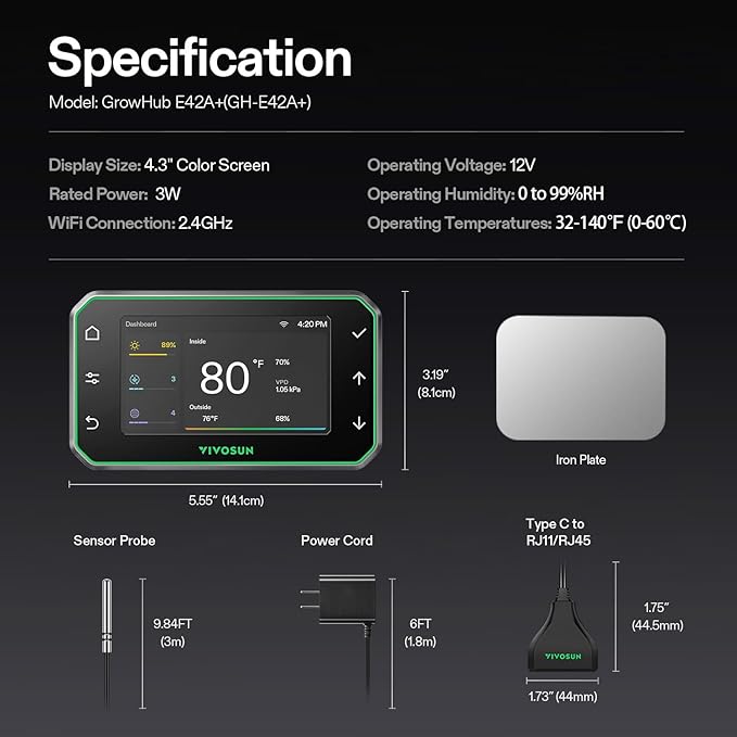 VIVOSUN GrowHub Controller E42A+ for Grow Tent, Smart Environmental WiFi-Controller with Temperature, Humidity, VPD, Timer, Cycle, Schedule Controls, Cooling Ventilation Lighting Programming