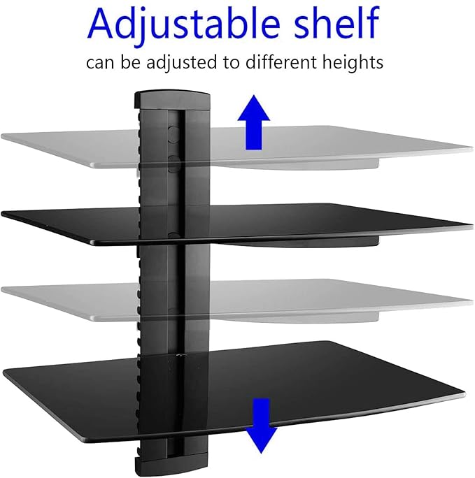 suptek Speaker Mount, Floating Glass Shelf Wall Mount Bracket for DVD Players/Cable Boxes/Games Consoles/TV Accessories, 2 Shelves, Black CS202